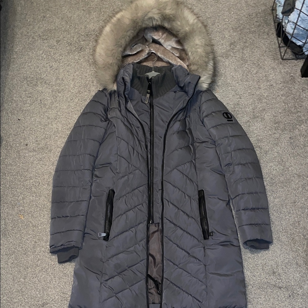 Women's DKNY Double Zip Gray Hooded Puffer Coat